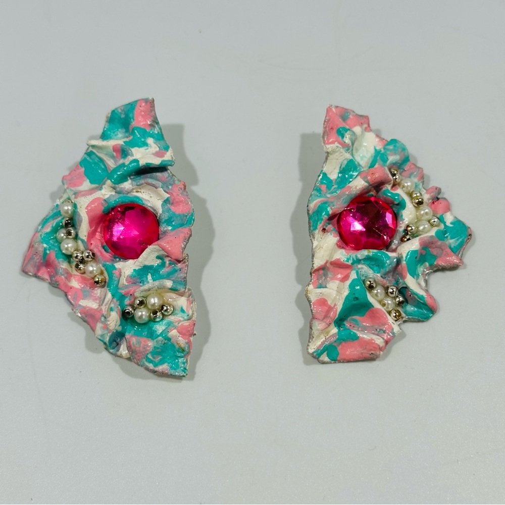 Rare Vintage 80s Paper Mache Pink Green White Beaded Large Pierced Earrings